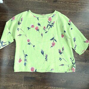 Lime Green Floral 100% Linen Tunic Top Blouse-Made in Italy-Size Large